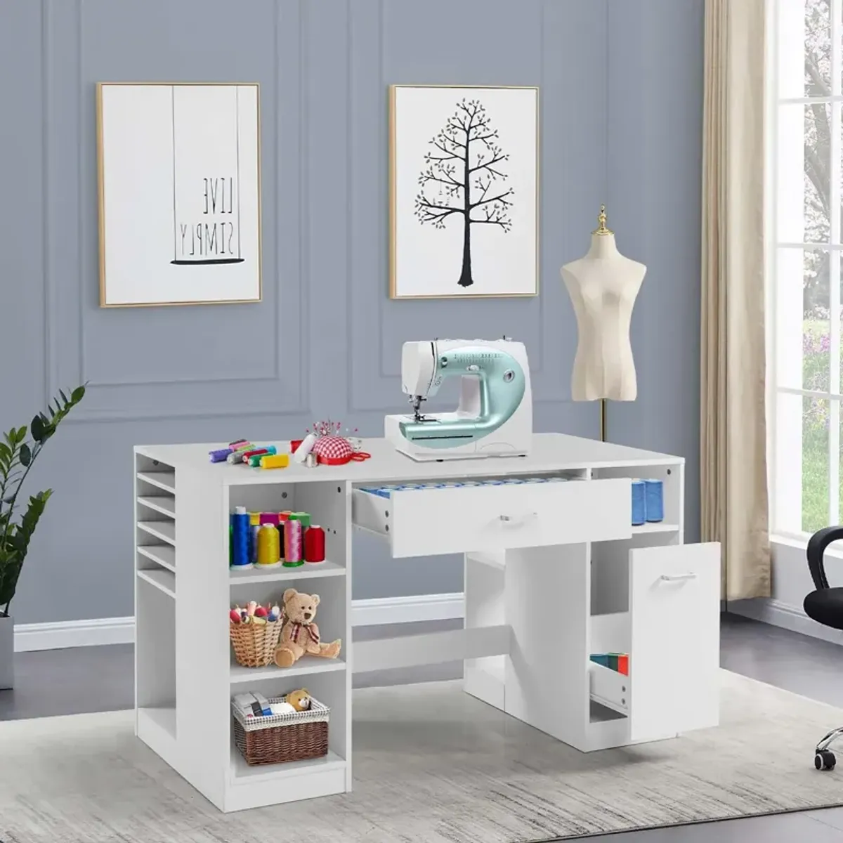 Sewing Craft Table Home Office Computer Desk with Storage Shelves and Drawer