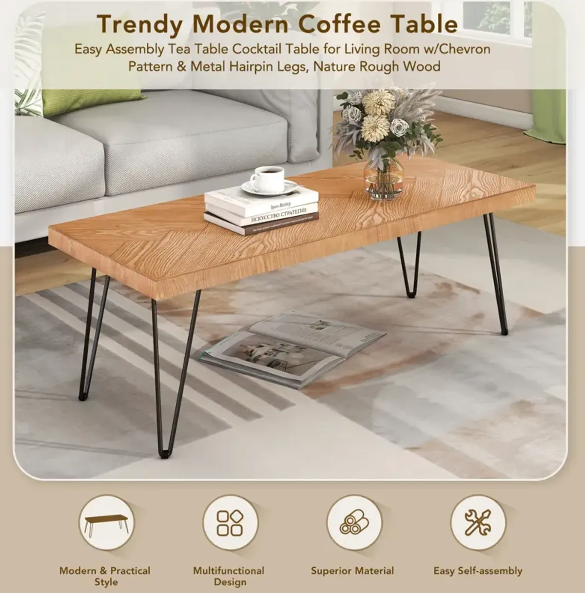 Modern Coffee Table, Easy Assembly Tea Table, Cocktail Table