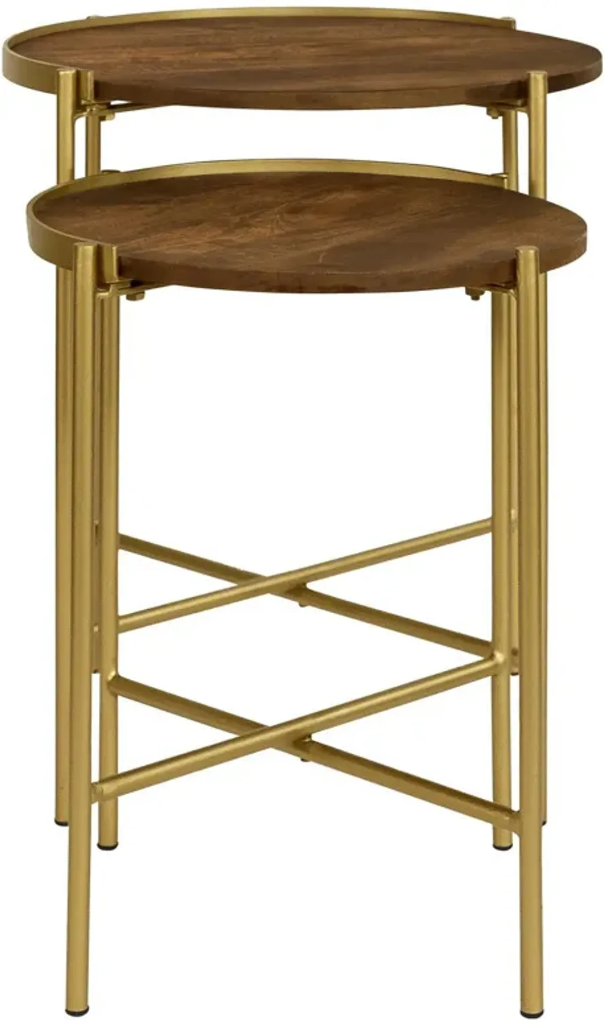 2 Piece Round Nesting Tables, Gold Iron, Modern Mango Wood, Warm Brown - Benzara