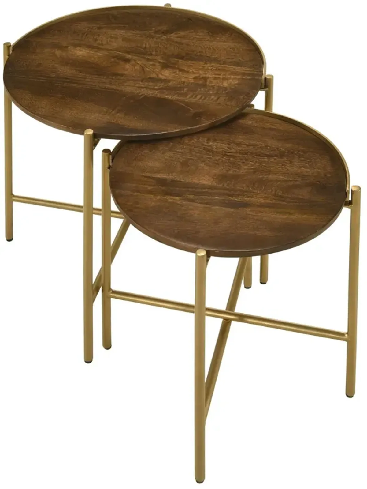 2 Piece Round Nesting Tables, Gold Iron, Modern Mango Wood, Warm Brown - Benzara