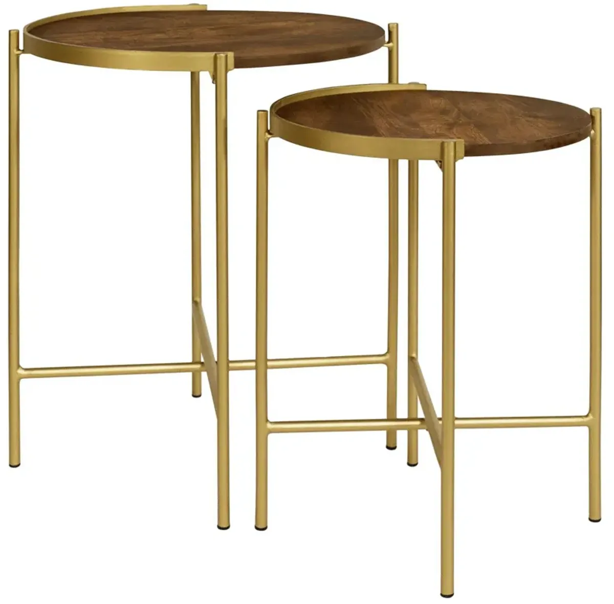 2 Piece Round Nesting Tables, Gold Iron, Modern Mango Wood, Warm Brown - Benzara