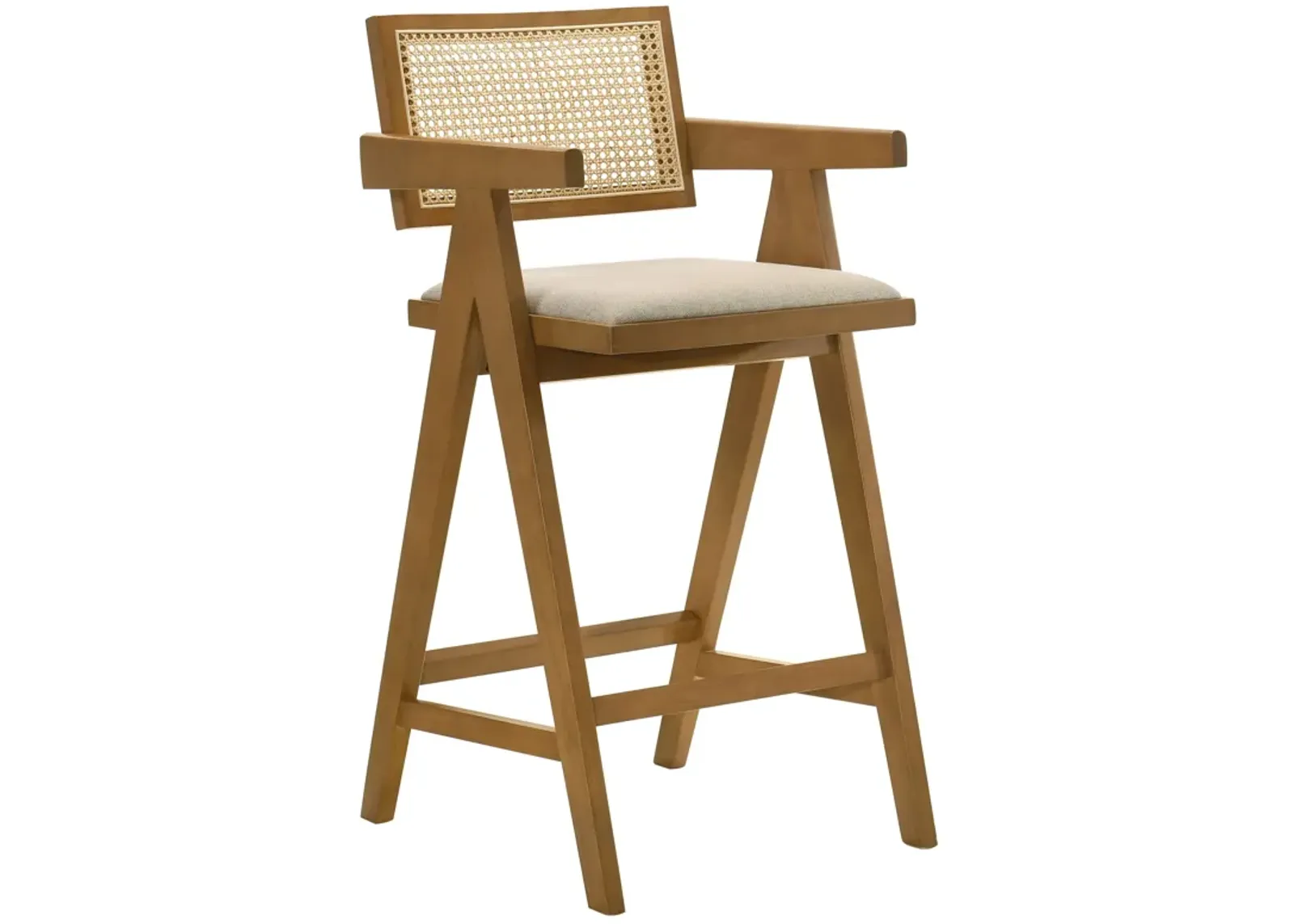 Jane Barstool Chair Set of 2, Sand Beige Rattan, Walnut Brown Solid Wood - Benzara