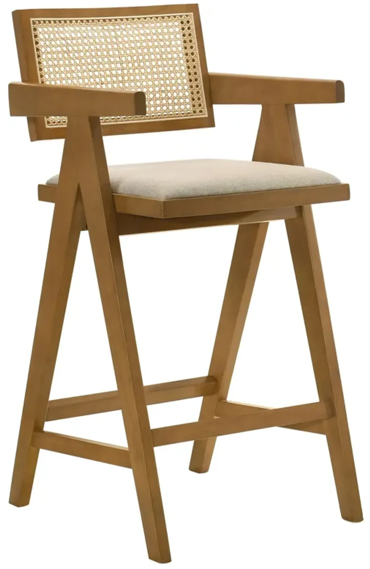 Jane Barstool Chair Set of 2, Sand Beige Rattan, Walnut Brown Solid Wood - Benzara