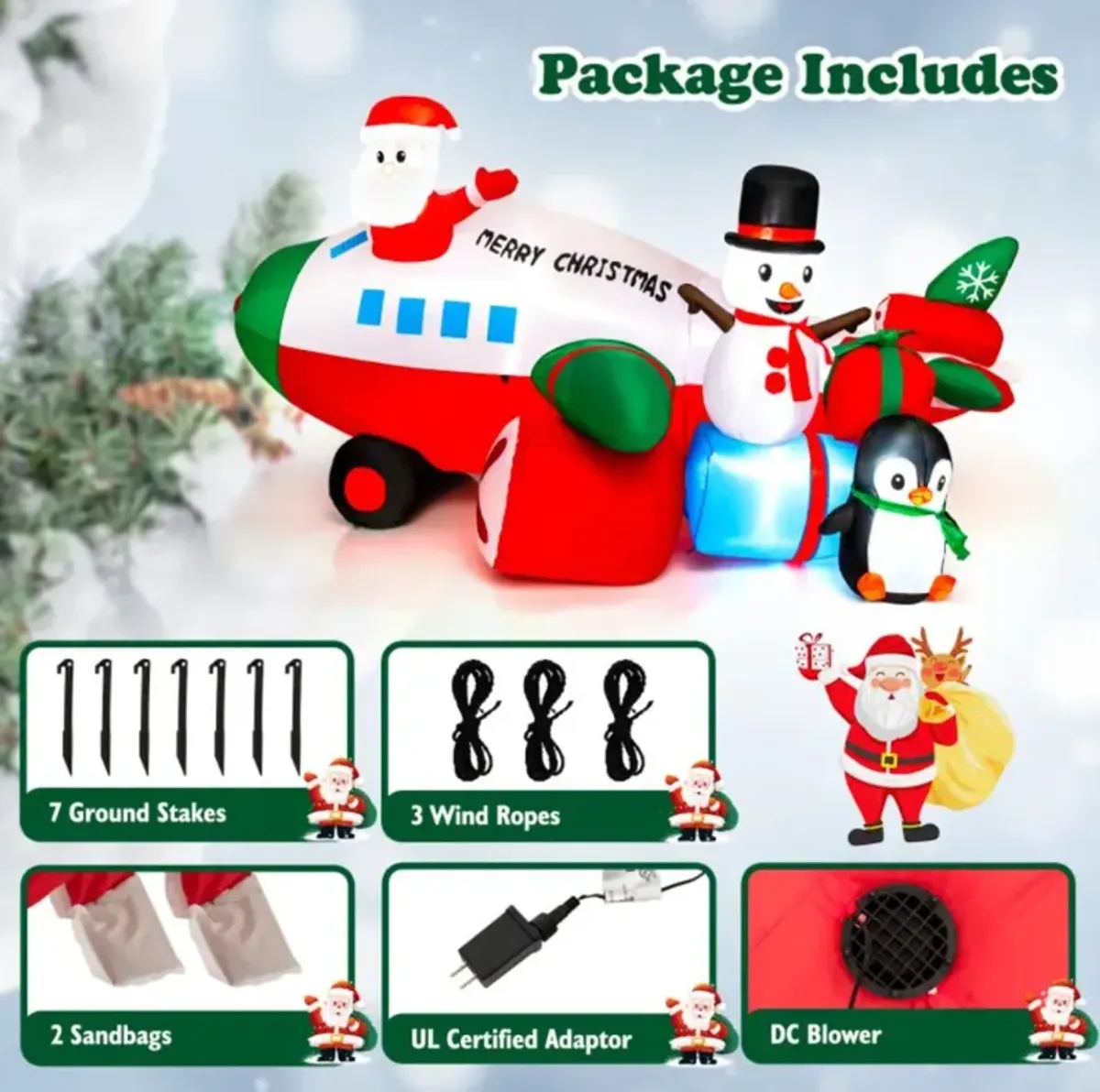 Hivvago 9 Feet Lighted Christmas Inflatable Santa Claus on Helicopter with Penguin