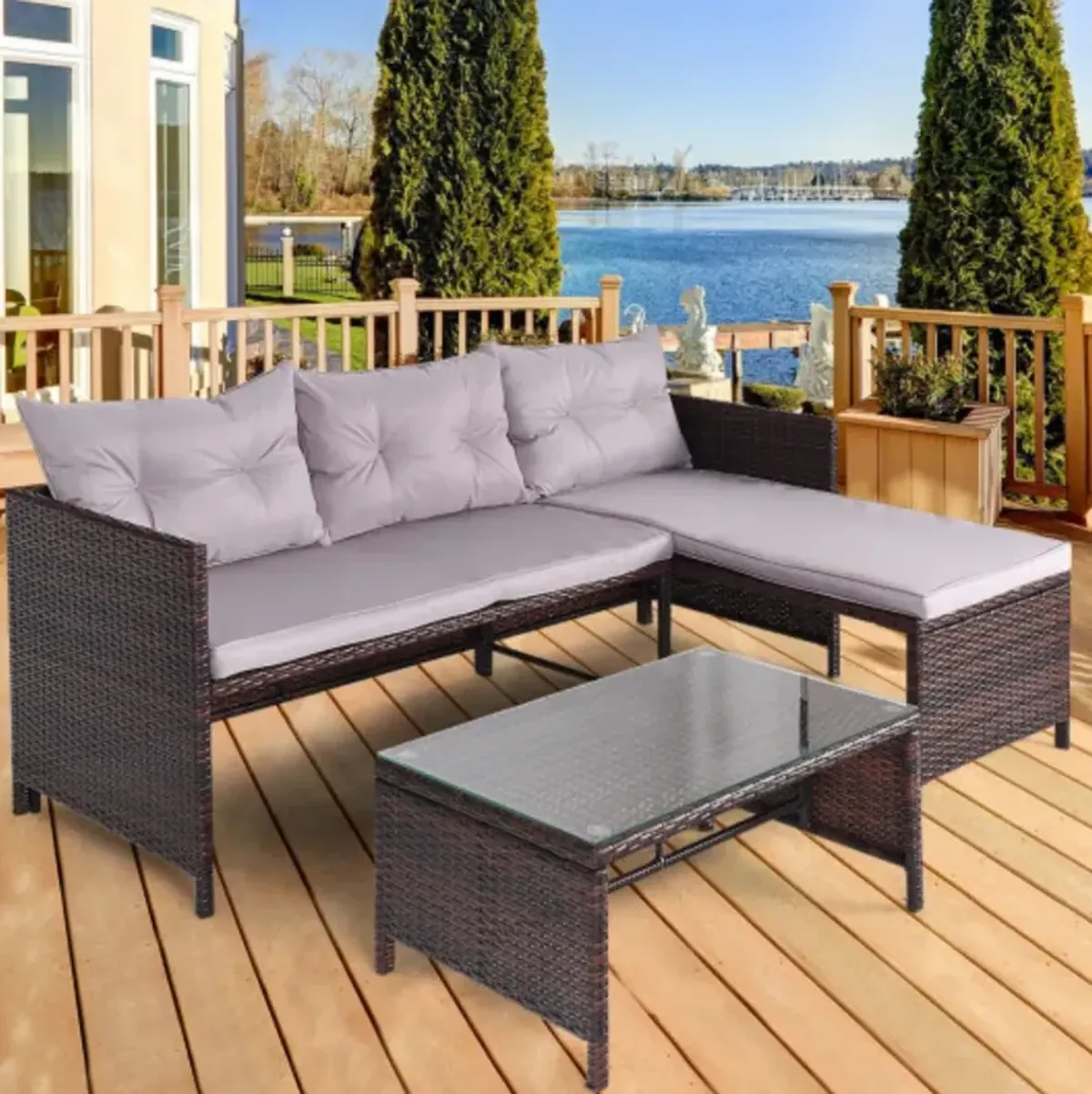 3 pcs Rattan Wicker Deck Couch Outdoor Patio Sofa Set