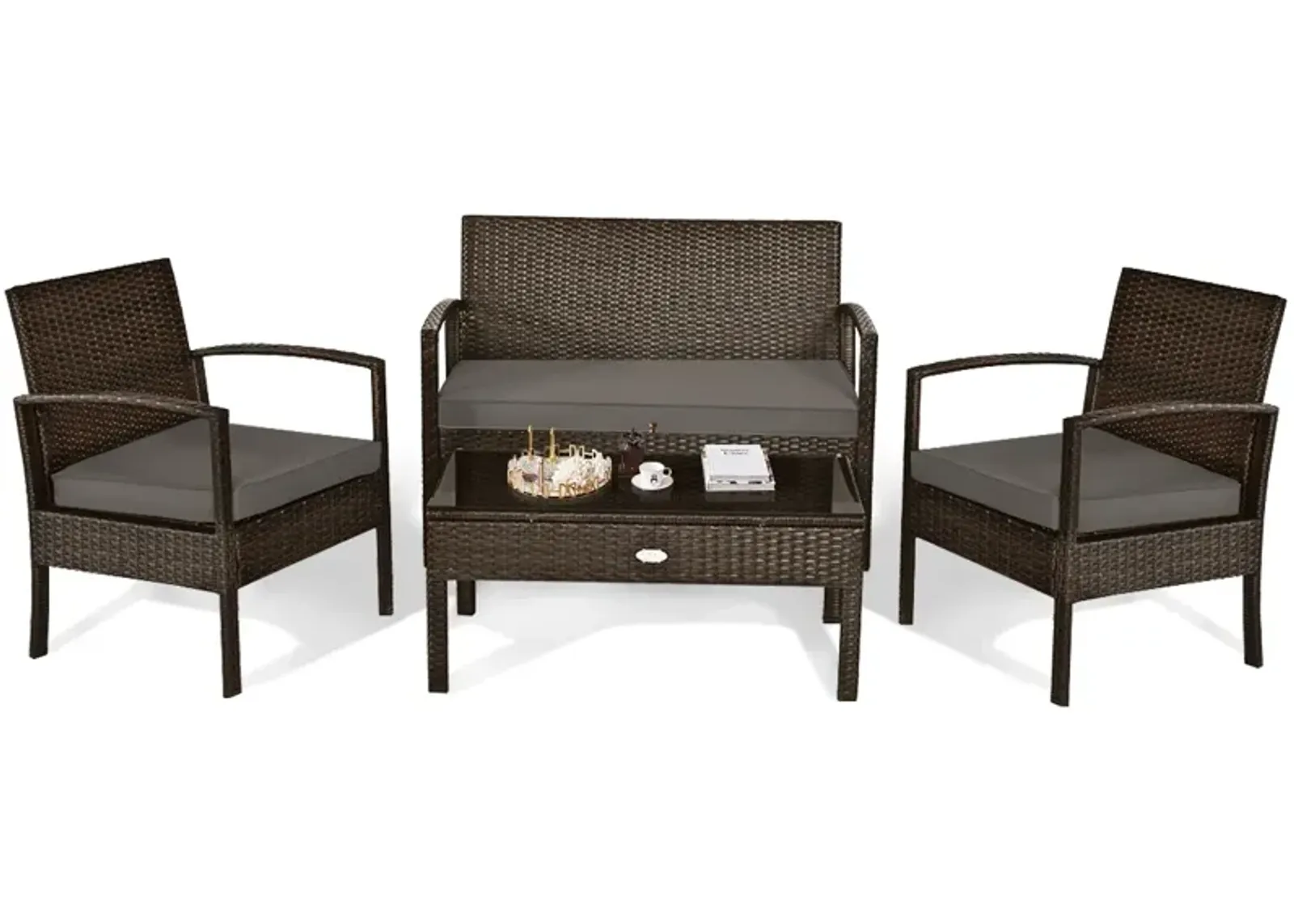 4 Pieces Patio Rattan Cushioned Furniture Set with Loveseat and Table