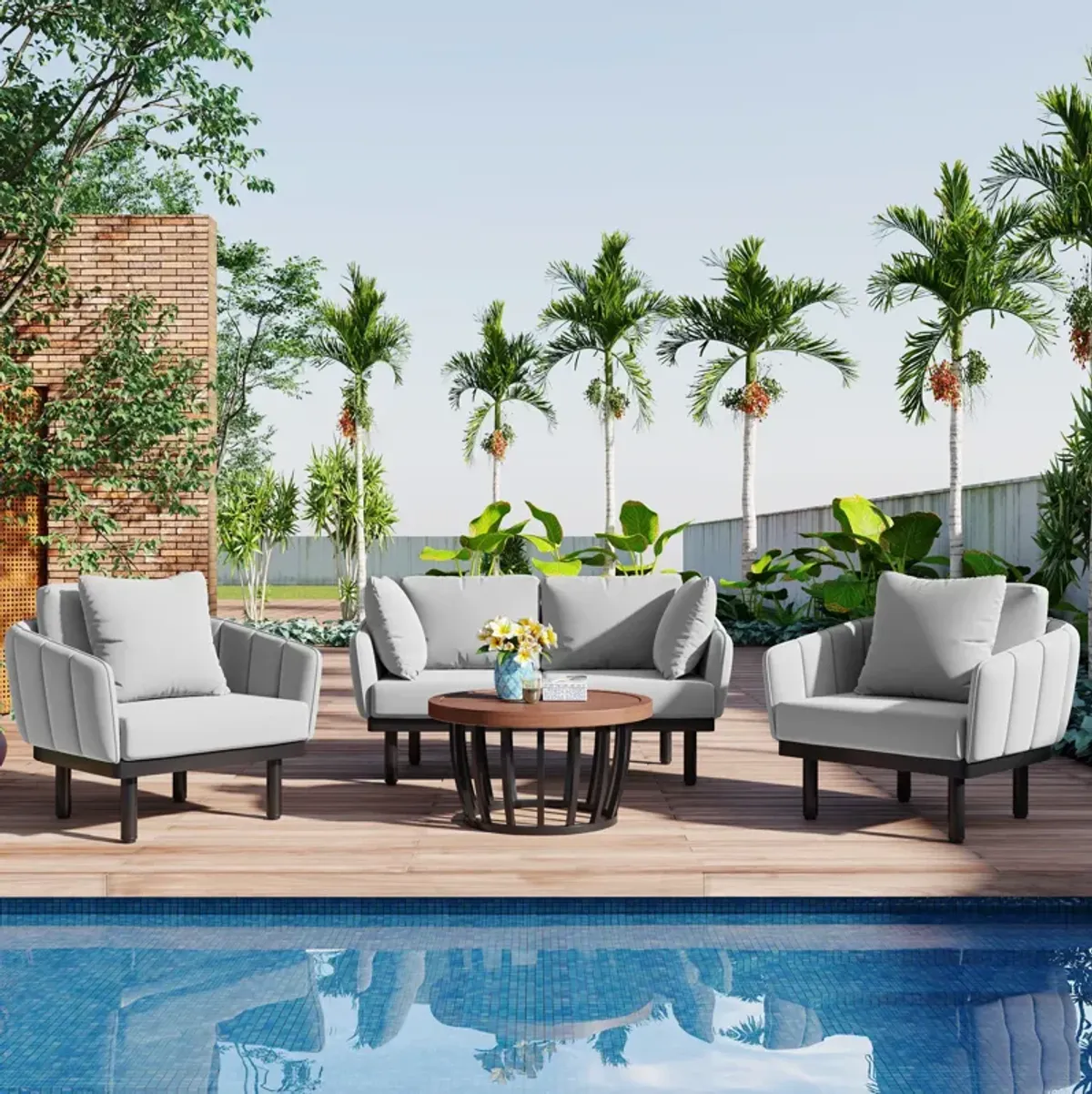 MONDAWE Luxury Modern 4 Piece Outdoor Iron Frame Conversation Set, Patio Chat Set with Acacia Wood Round Coffee Table, Loveseat+Arm Chairs