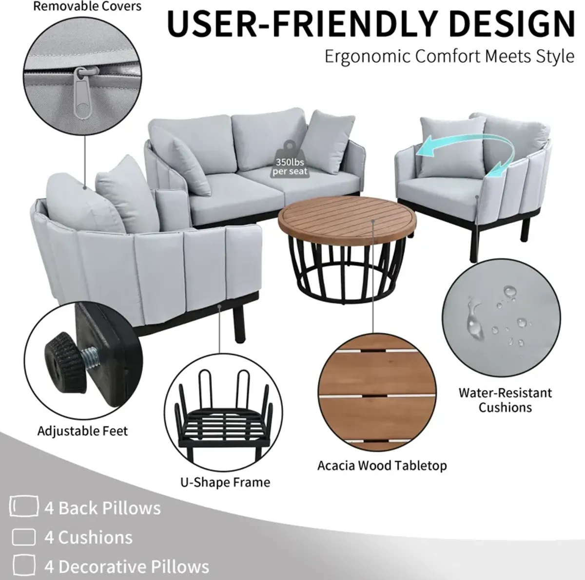 MONDAWE Luxury Modern 4 Piece Outdoor Iron Frame Conversation Set, Patio Chat Set with Acacia Wood Round Coffee Table, Loveseat+Arm Chairs