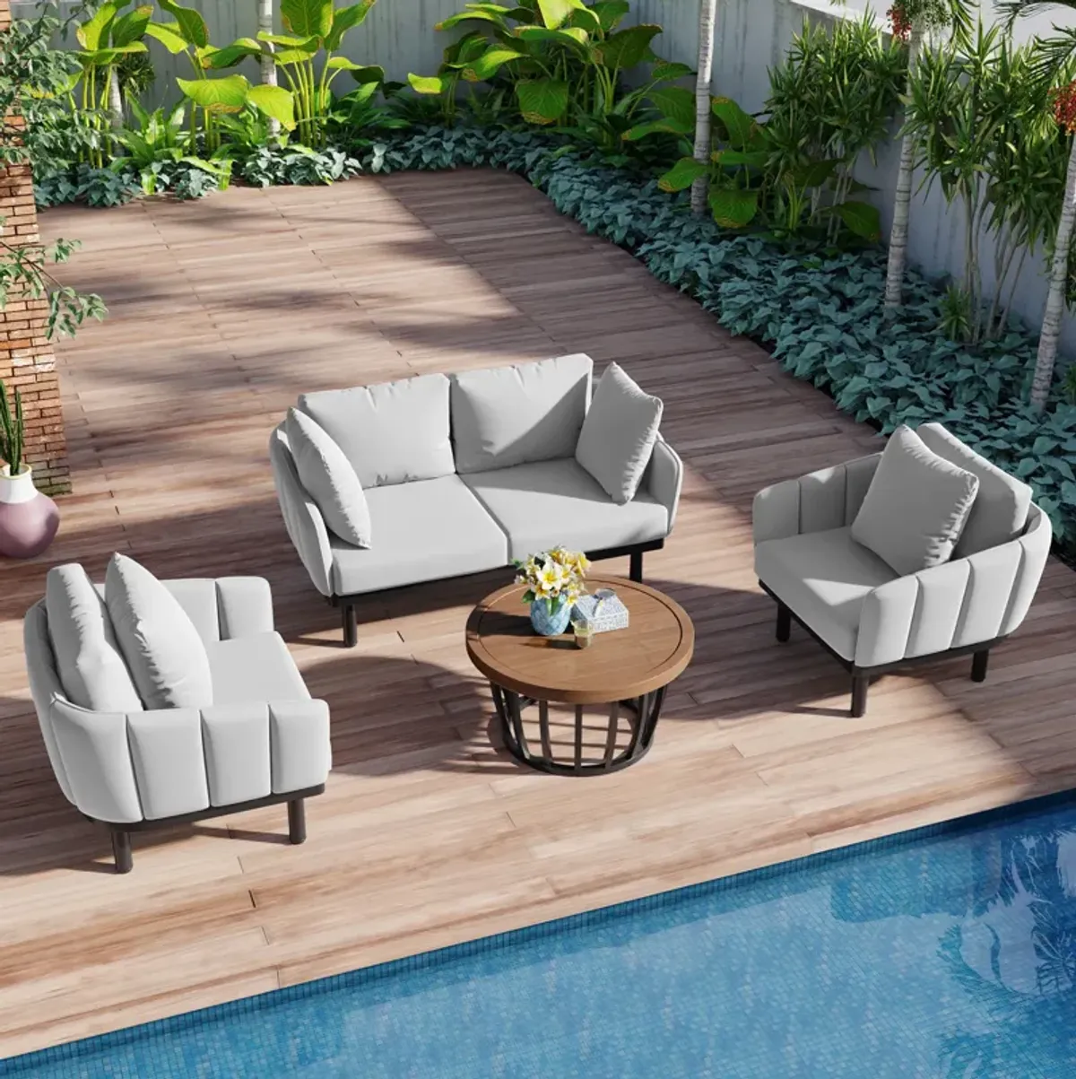 MONDAWE Luxury Modern 4 Piece Outdoor Iron Frame Conversation Set, Patio Chat Set with Acacia Wood Round Coffee Table, Loveseat+Arm Chairs