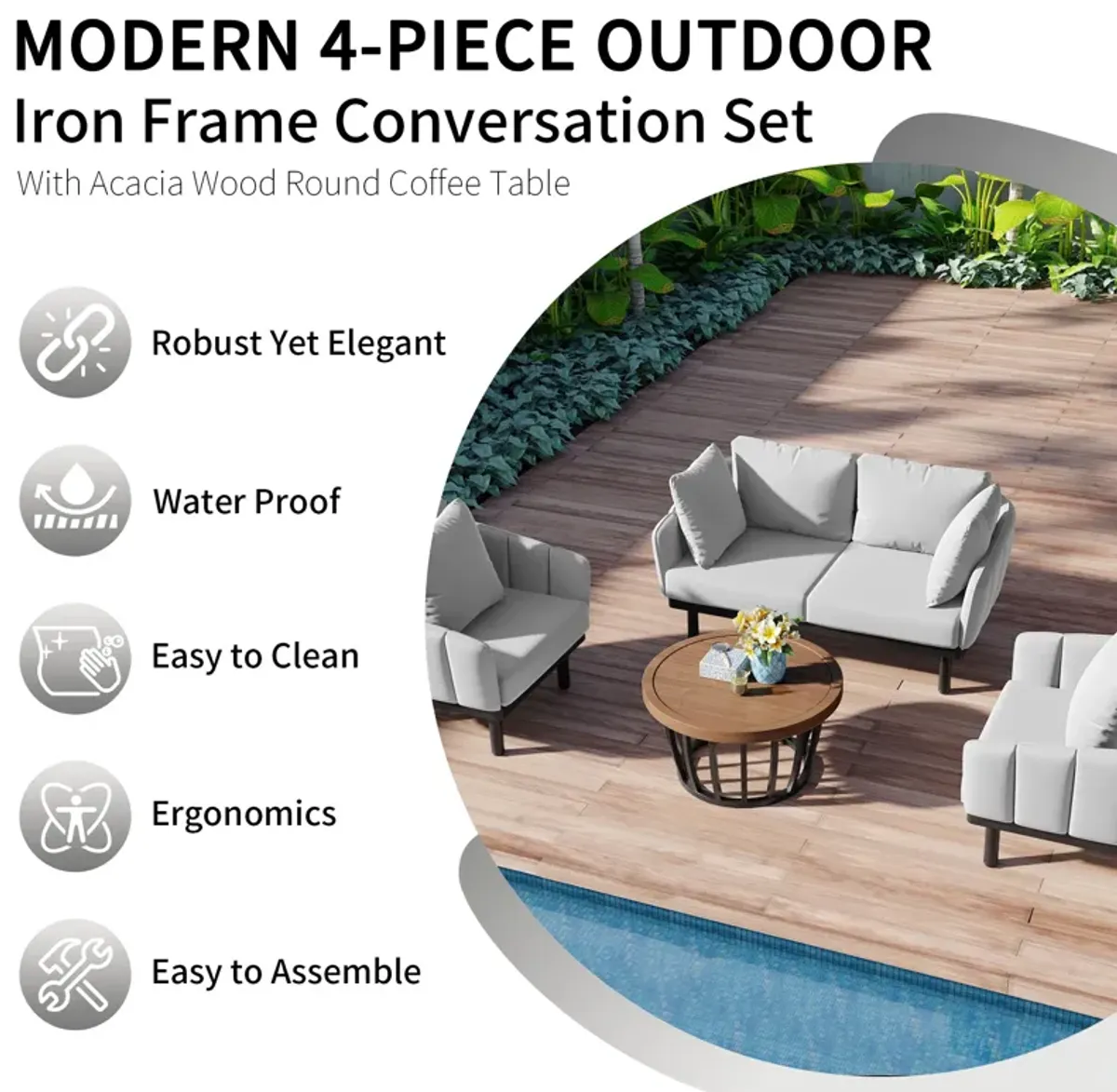 MONDAWE Luxury Modern 4 Piece Outdoor Iron Frame Conversation Set, Patio Chat Set with Acacia Wood Round Coffee Table, Loveseat+Arm Chairs