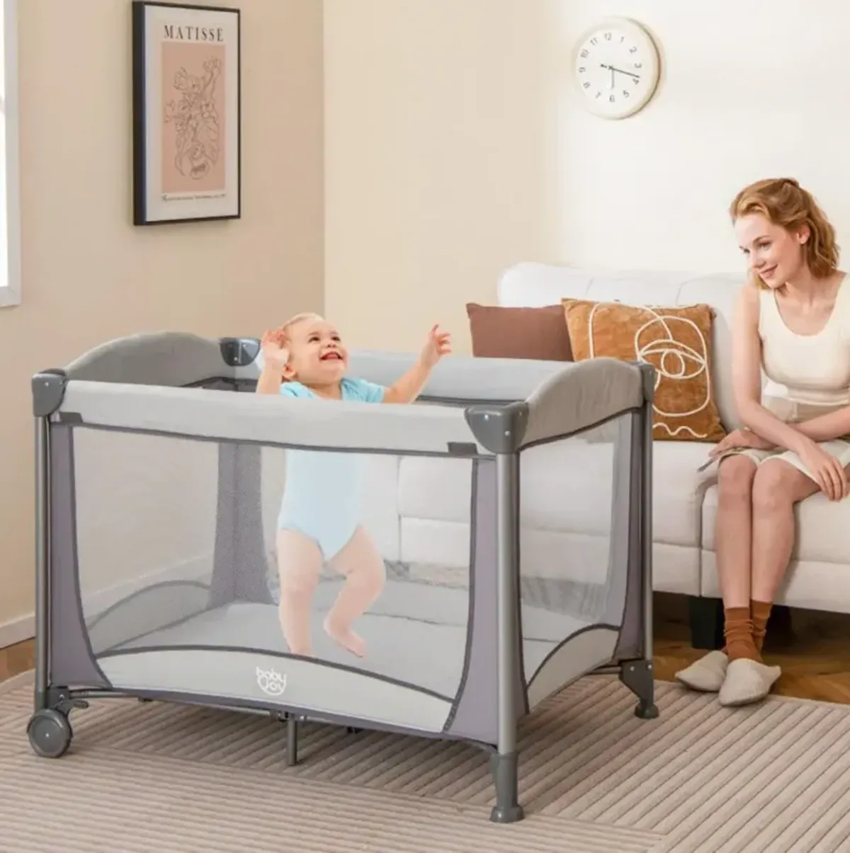 Hivvago 5-in-1 Portable Baby Playard with Cradle and Storage Basket