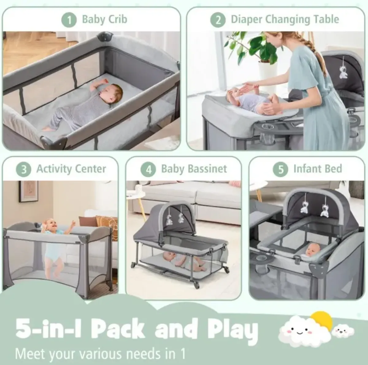 Hivvago 5-in-1 Portable Baby Playard with Cradle and Storage Basket