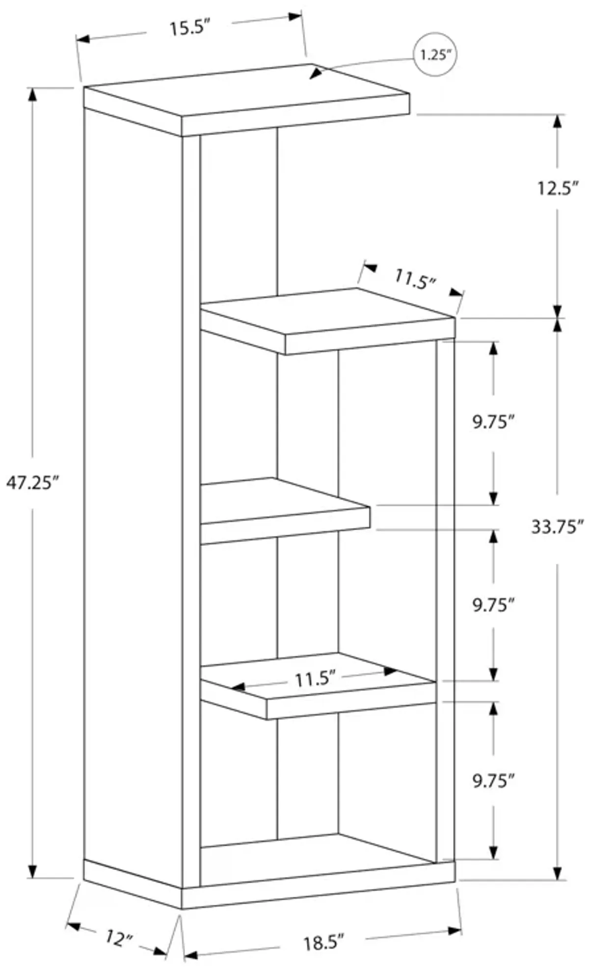 Monarch Specialties I 2467 Bookshelf, Bookcase, Etagere, 4 Tier, 48"H, Office, Bedroom, Laminate, Brown, Contemporary, Modern