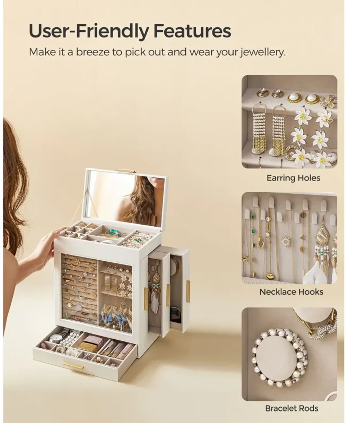 Elegant 5-Layer Jewelry Box with Glass Window, Vertical Storage Space, and Large Mirror