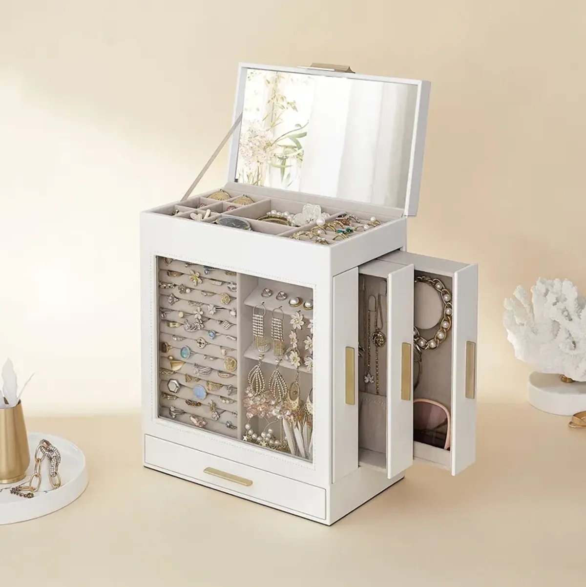 Elegant 5-Layer Jewelry Box with Glass Window, Vertical Storage Space, and Large Mirror