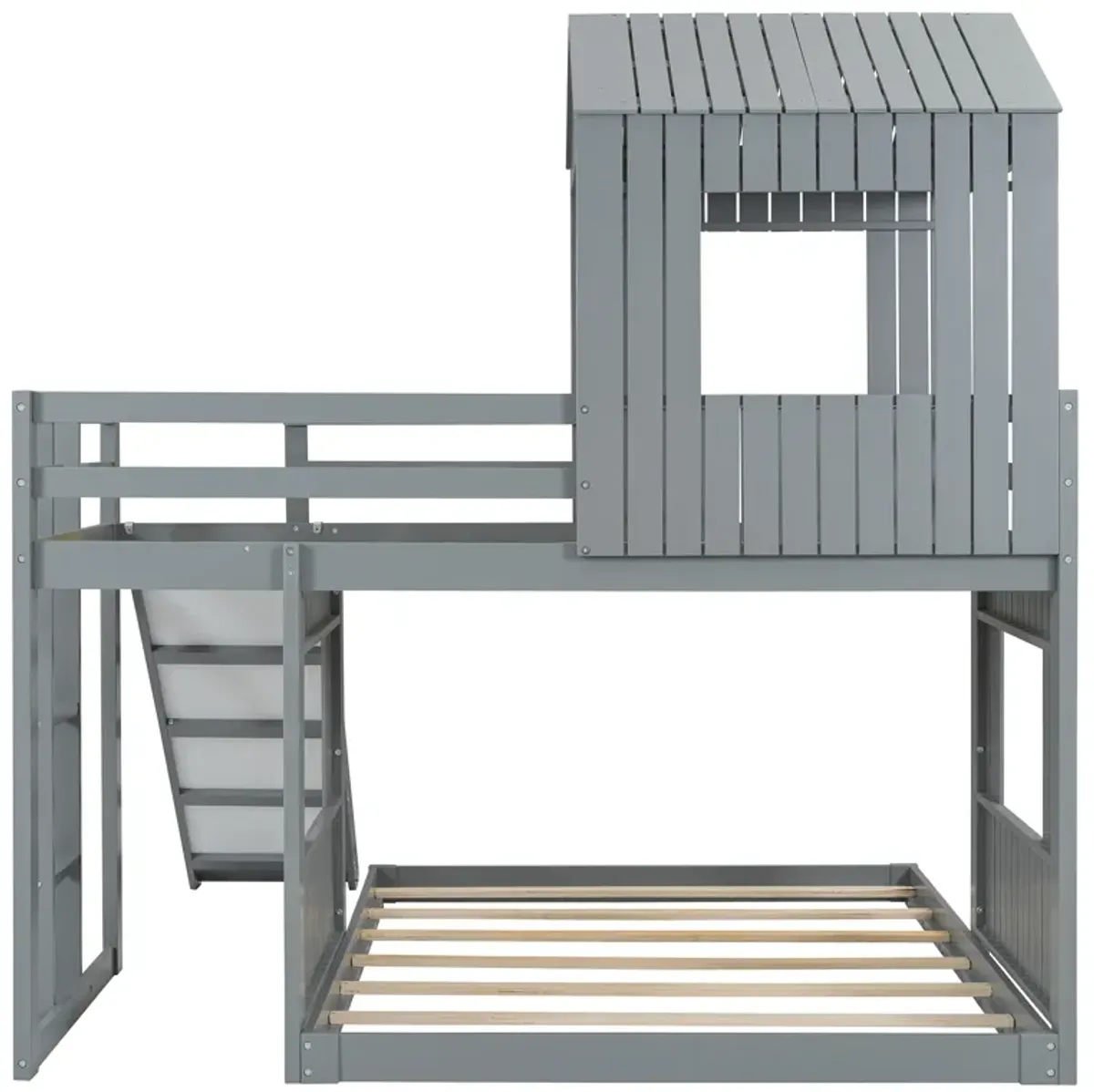 Whisen Playhouse Style L-Shaped Twin Over Full Bunk Bed with Built-in Ladder and Slide - Gray