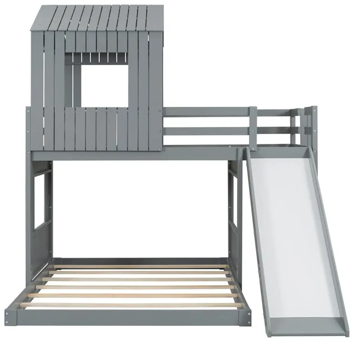 Whisen Playhouse Style L-Shaped Twin Over Full Bunk Bed with Built-in Ladder and Slide - Gray