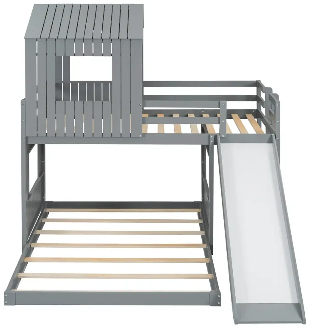 Whisen Playhouse Style L-Shaped Twin Over Full Bunk Bed with Built-in Ladder and Slide - Gray