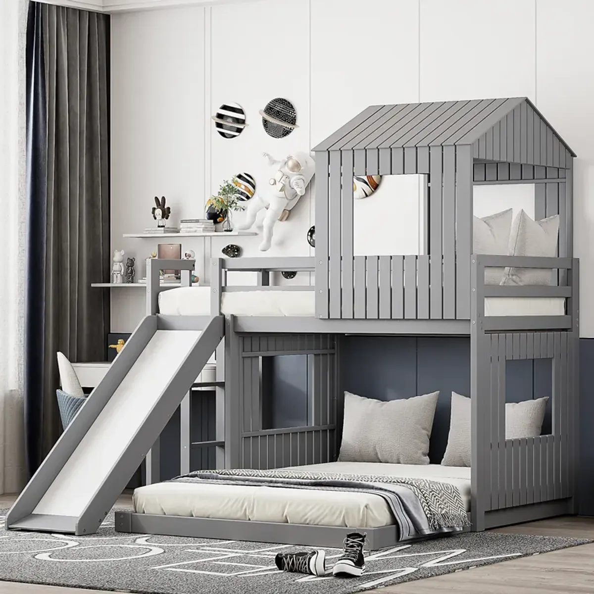Whisen Playhouse Style L-Shaped Twin Over Full Bunk Bed with Built-in Ladder and Slide - Gray