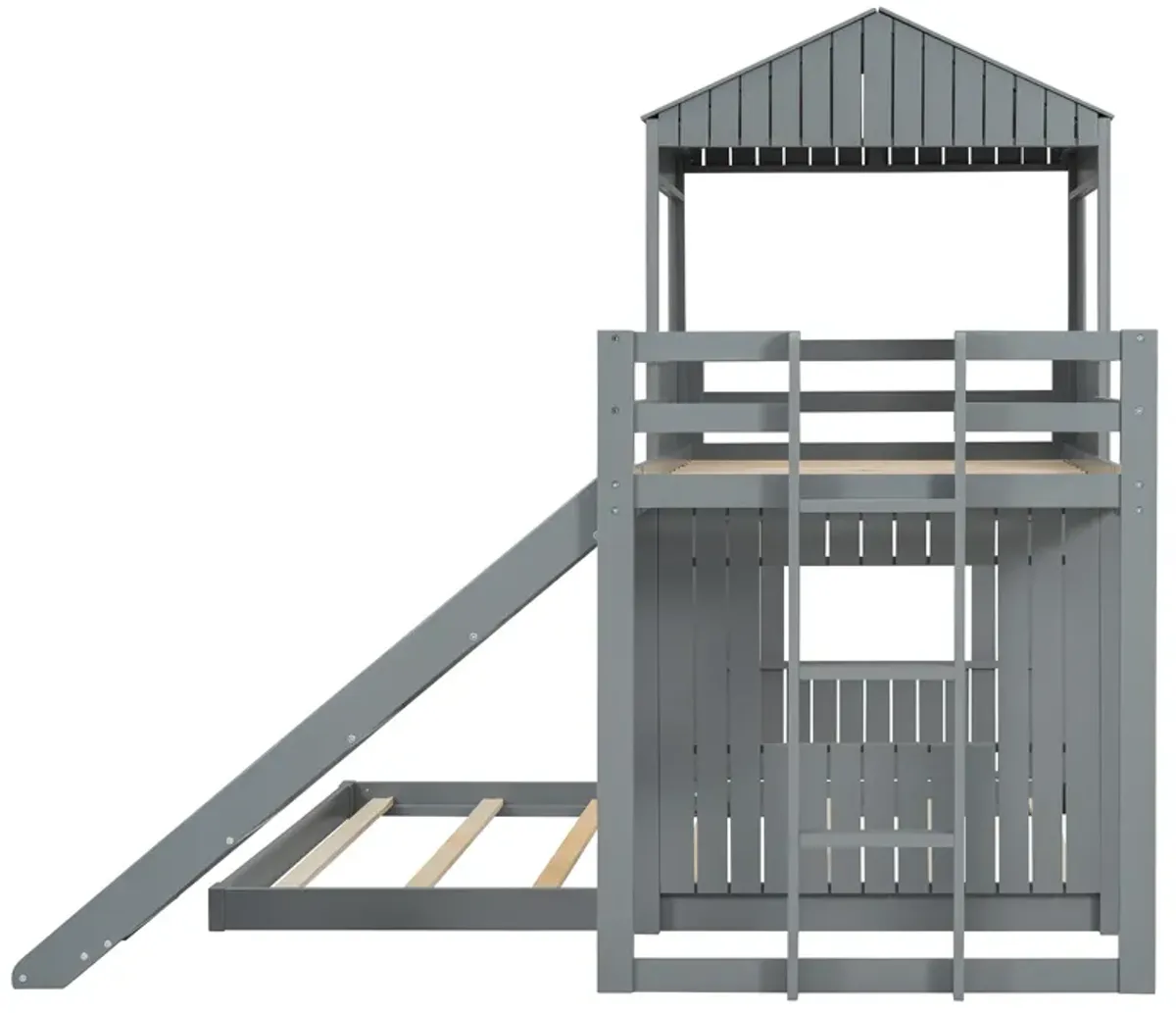 Whisen Playhouse Style L-Shaped Twin Over Full Bunk Bed with Built-in Ladder and Slide - Gray