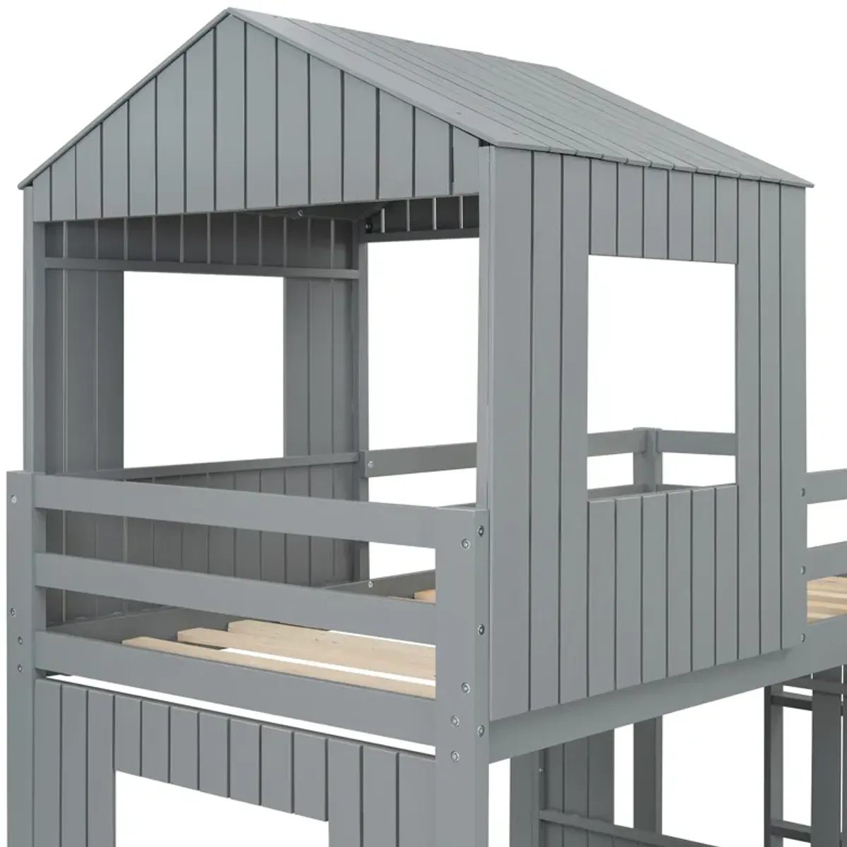Whisen Playhouse Style L-Shaped Twin Over Full Bunk Bed with Built-in Ladder and Slide - Gray