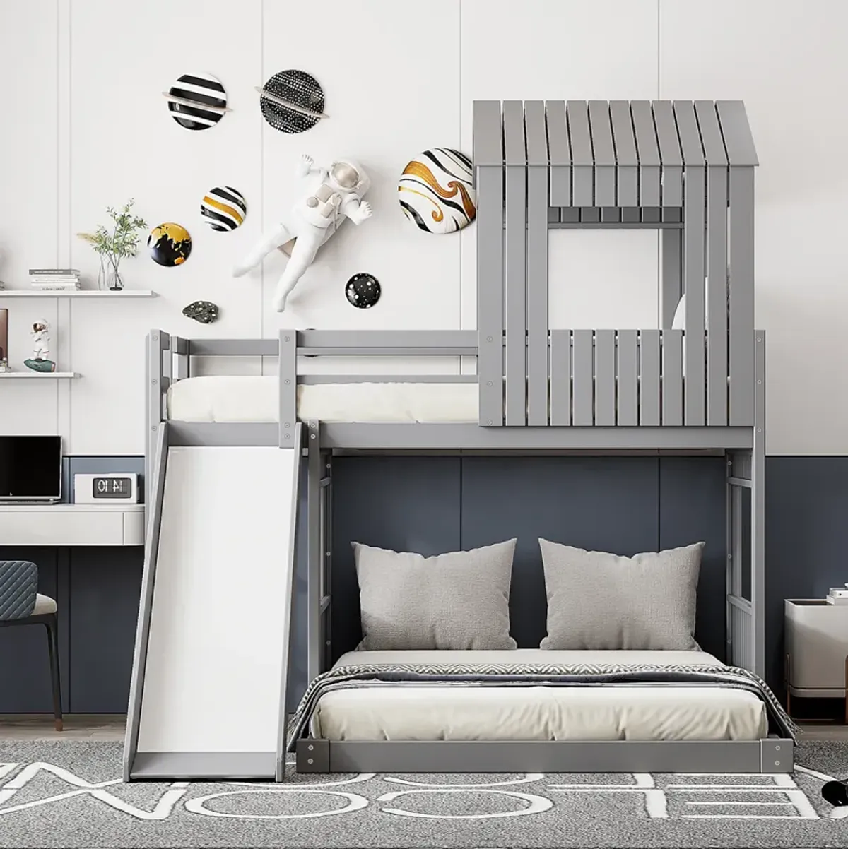 Whisen Playhouse Style L-Shaped Twin Over Full Bunk Bed with Built-in Ladder and Slide - Gray