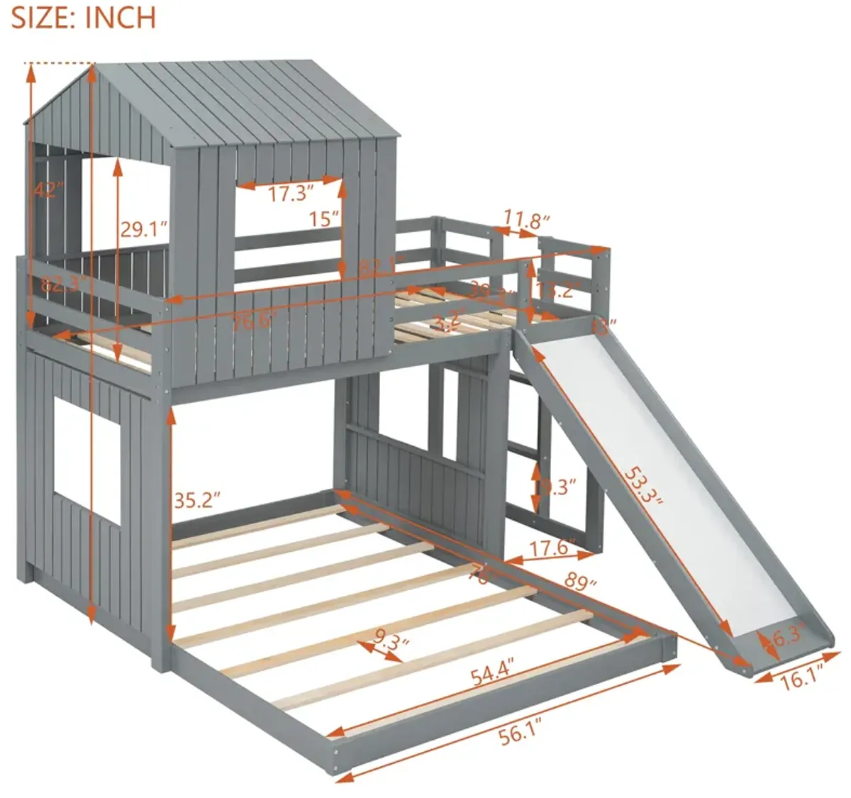 Whisen Playhouse Style L-Shaped Twin Over Full Bunk Bed with Built-in Ladder and Slide - Gray
