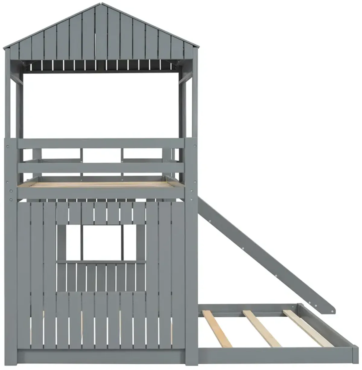 Whisen Playhouse Style L-Shaped Twin Over Full Bunk Bed with Built-in Ladder and Slide - Gray