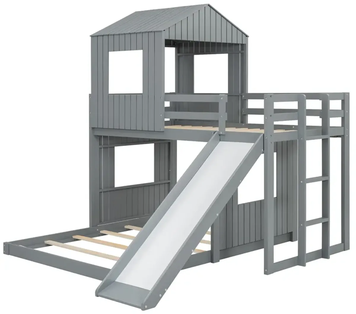 Whisen Playhouse Style L-Shaped Twin Over Full Bunk Bed with Built-in Ladder and Slide - Gray