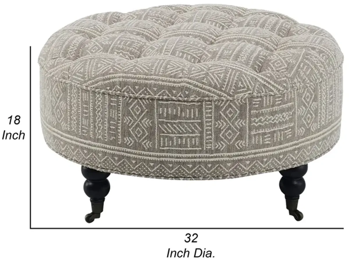 Savoir Ottoman, Beige, White Fabric, Caster Wheels, Black Legs 32 Inch - Benzara