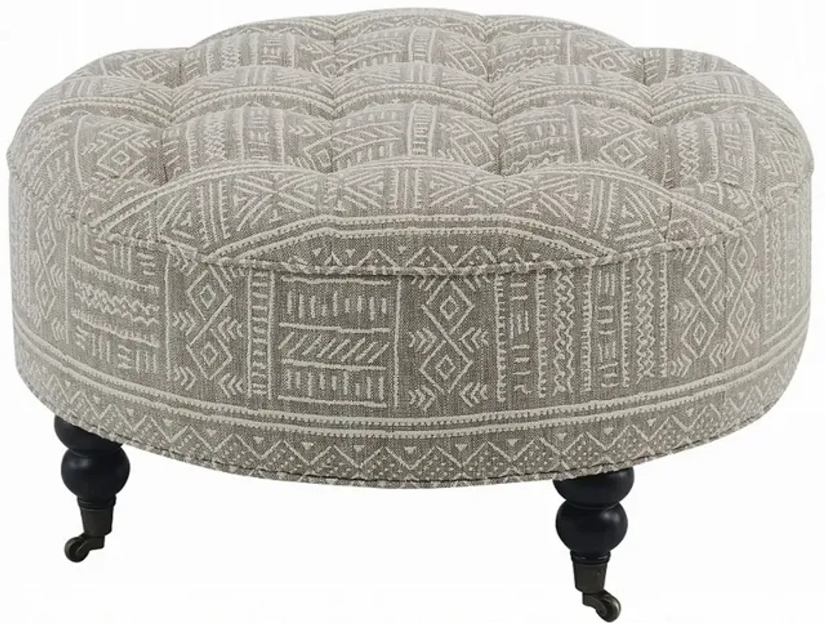 Savoir Ottoman, Beige, White Fabric, Caster Wheels, Black Legs 32 Inch - Benzara