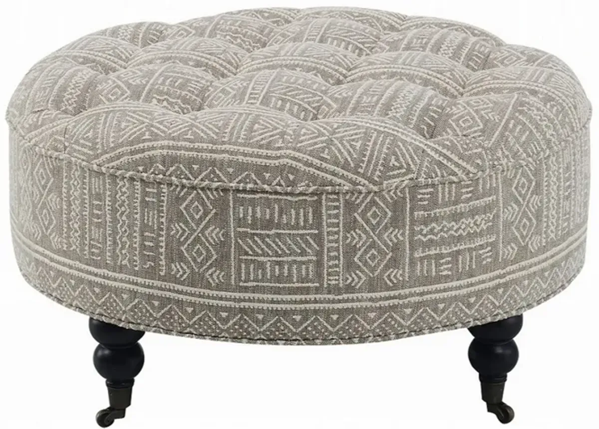 Savoir Ottoman, Beige, White Fabric, Caster Wheels, Black Legs 32 Inch - Benzara