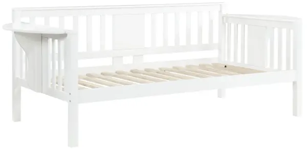 Daisy Twin Daybed, Drop Down Tables, Slats for Mattress, White Wood Frame - Benzara