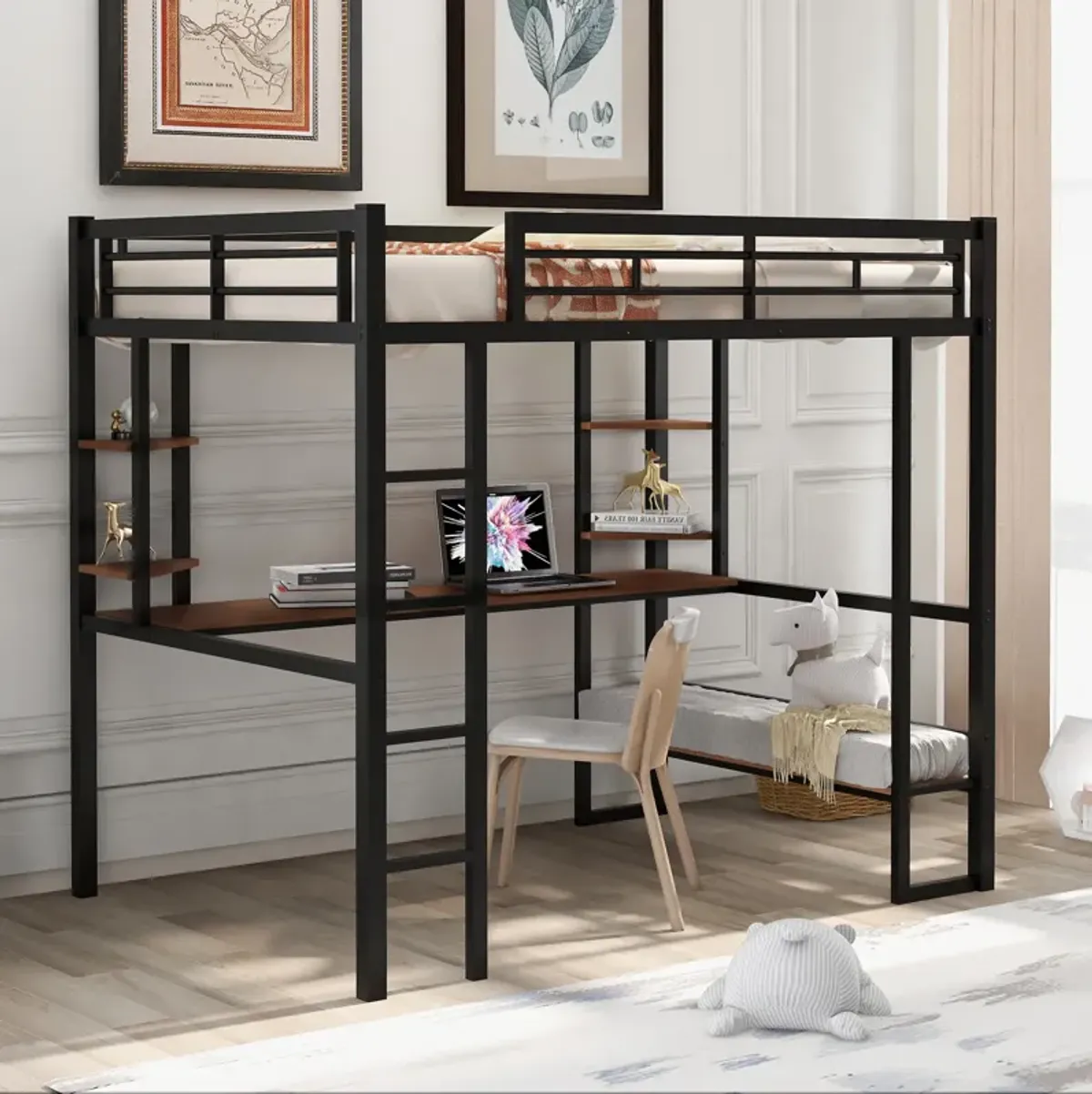 Whisen Full Size Metal Loft Bed with Long Desk, Triangle Shelves and Ladder - Black