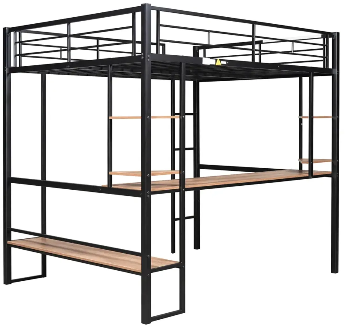 Whisen Full Size Metal Loft Bed with Long Desk, Triangle Shelves and Ladder - Black
