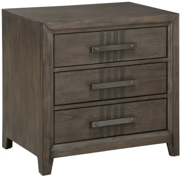 27 Inch Rustic Nightstand, 2 Drawers, Gray Metal Handles, Rich Brown Wood - Benzara