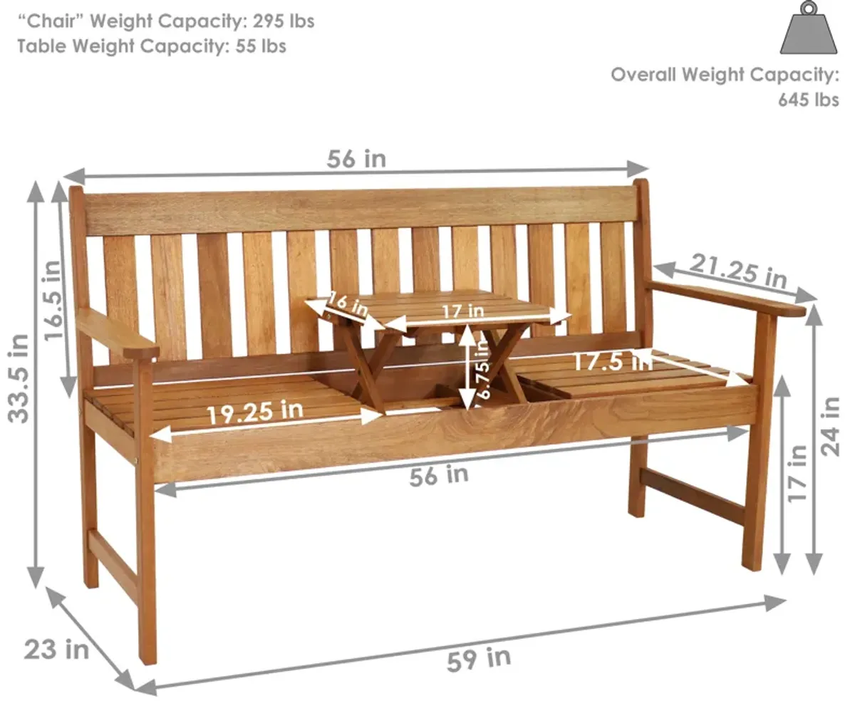 Sunnydaze 2-Person Meranti Wood Outdoor Bench with Pop-Up Table