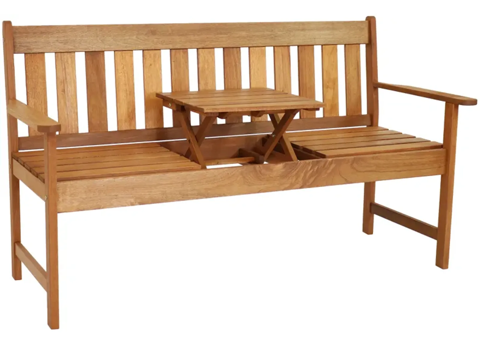 Sunnydaze 2-Person Meranti Wood Outdoor Bench with Pop-Up Table