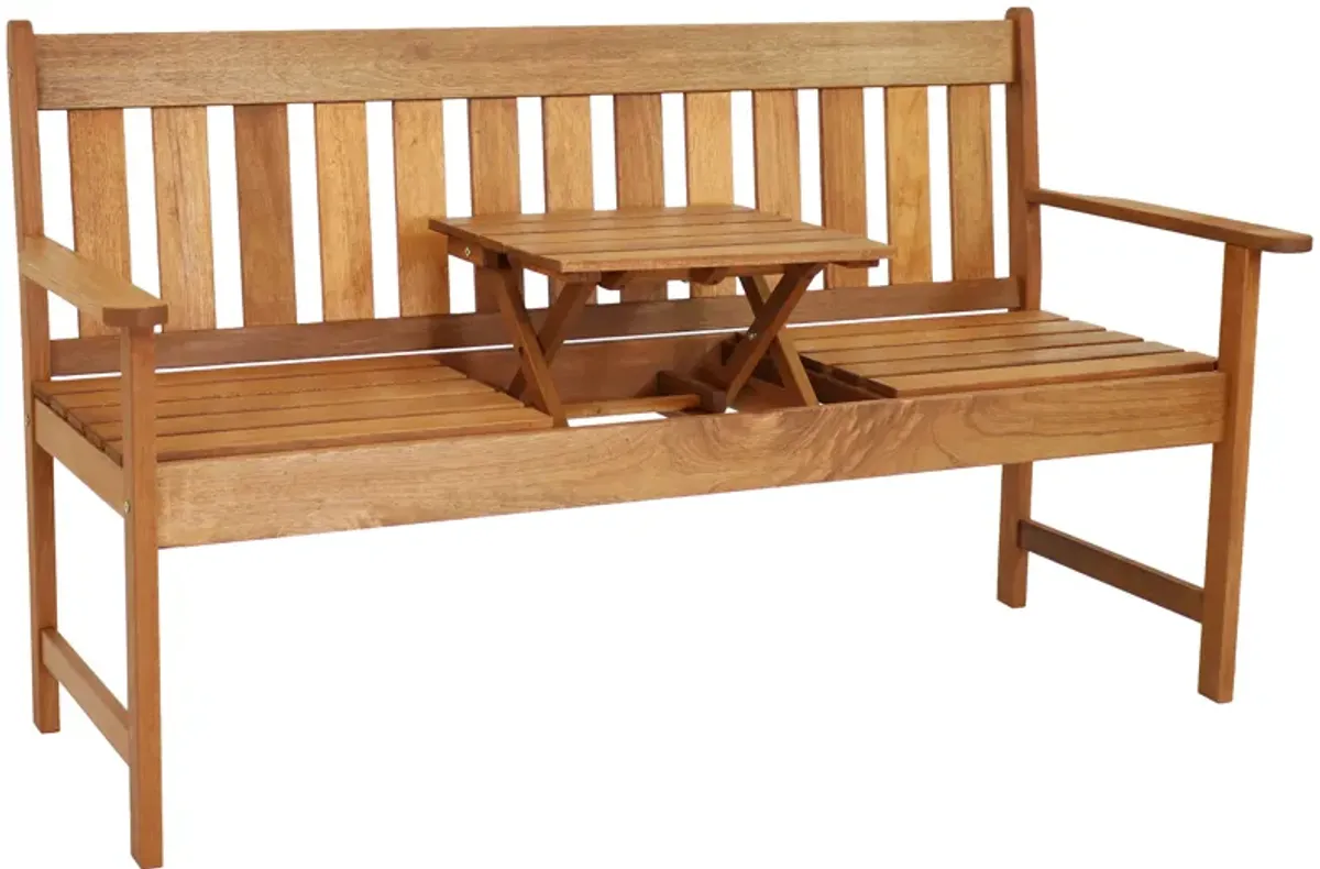 Sunnydaze 2-Person Meranti Wood Outdoor Bench with Pop-Up Table