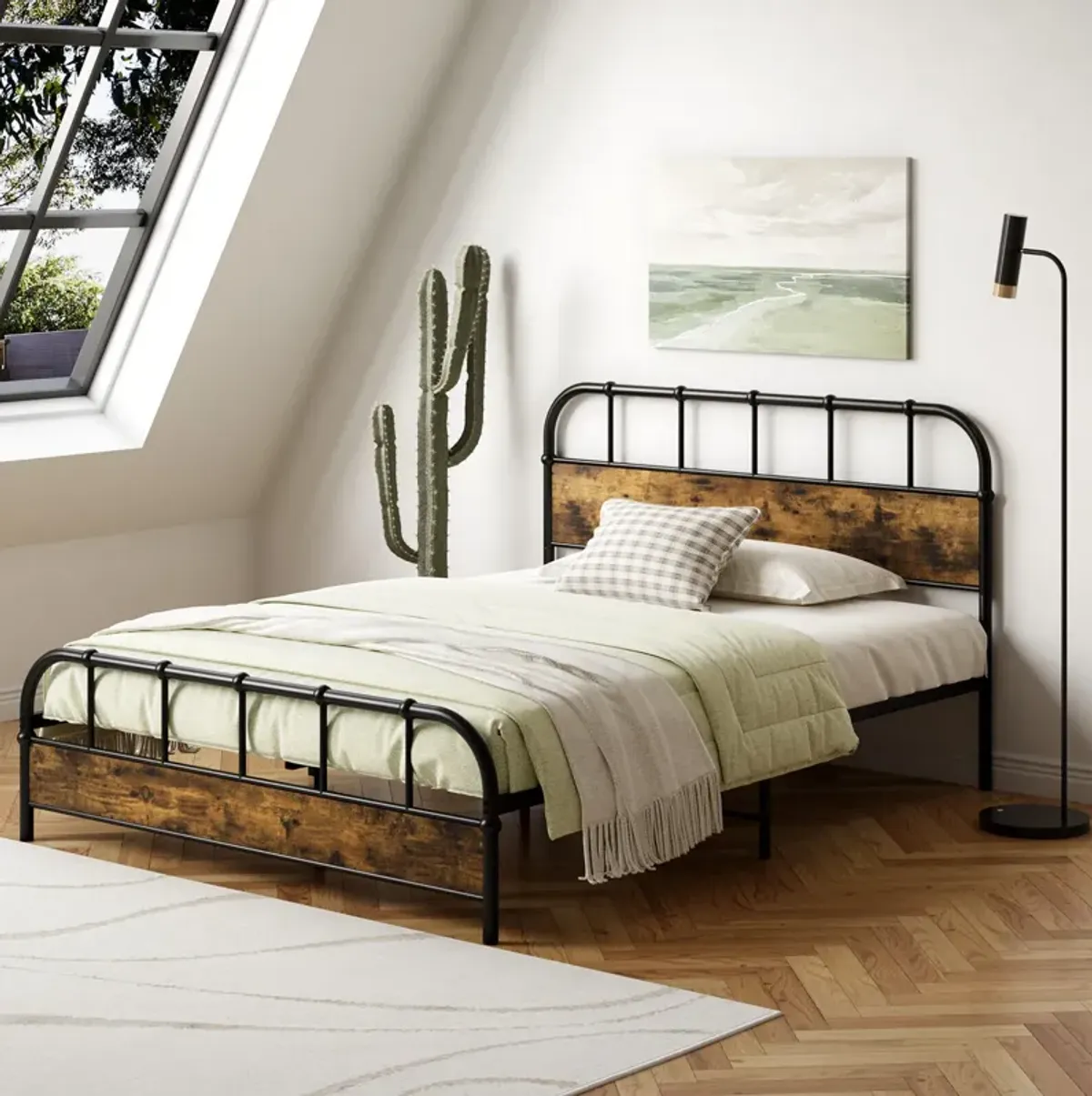 Queen Size Industrial Metal Platform Bed Frame with Headboard Mattress Foundation-Coffee