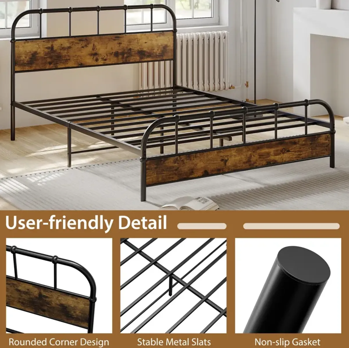 Queen Size Industrial Metal Platform Bed Frame with Headboard Mattress Foundation-Coffee