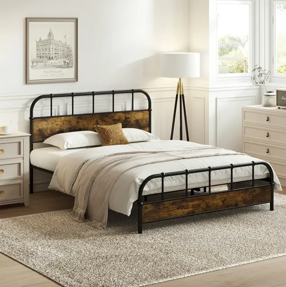 Queen Size Industrial Metal Platform Bed Frame with Headboard Mattress Foundation-Coffee