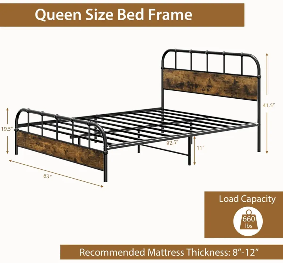 Queen Size Industrial Metal Platform Bed Frame with Headboard Mattress Foundation-Coffee