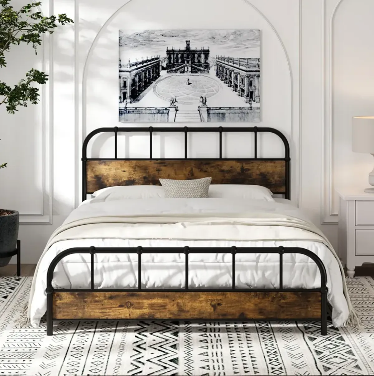 Queen Size Industrial Metal Platform Bed Frame with Headboard Mattress Foundation-Coffee