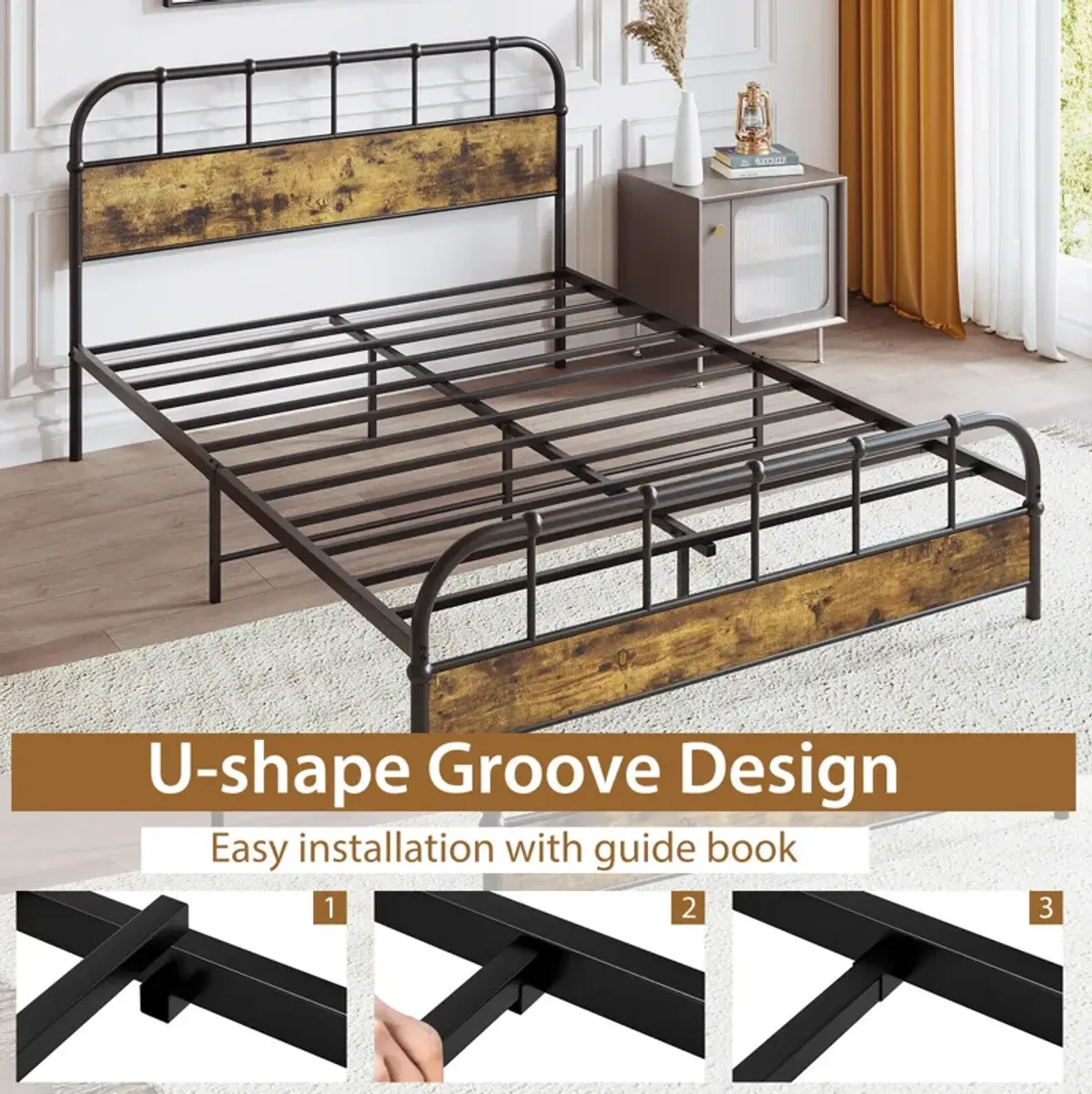 Queen Size Industrial Metal Platform Bed Frame with Headboard Mattress Foundation-Coffee