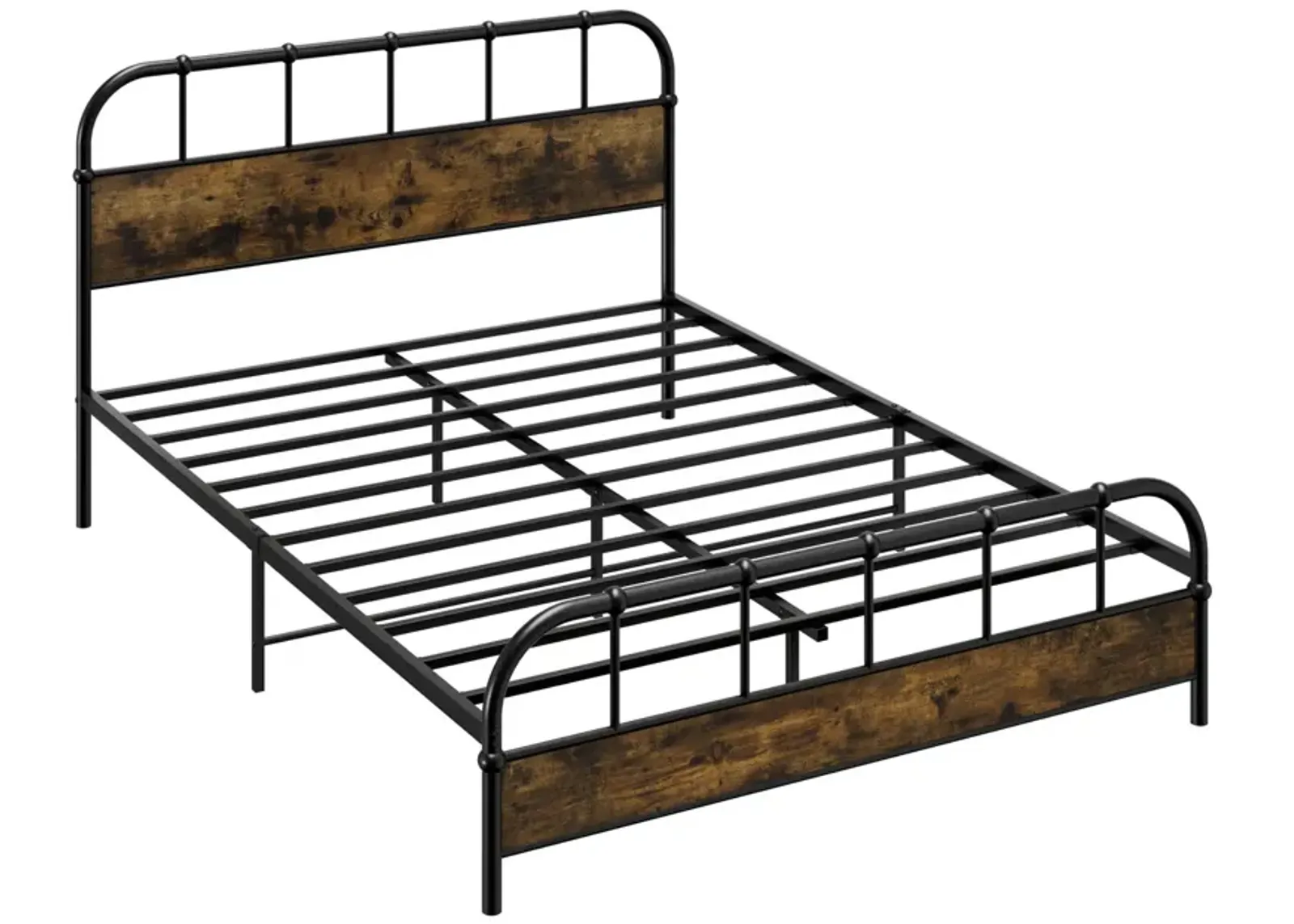 Queen Size Industrial Metal Platform Bed Frame with Headboard Mattress Foundation-Coffee