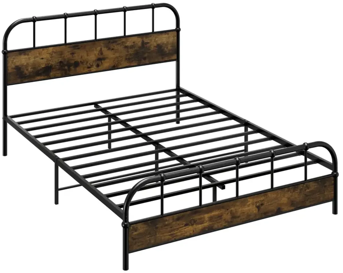 Queen Size Industrial Metal Platform Bed Frame with Headboard Mattress Foundation-Coffee