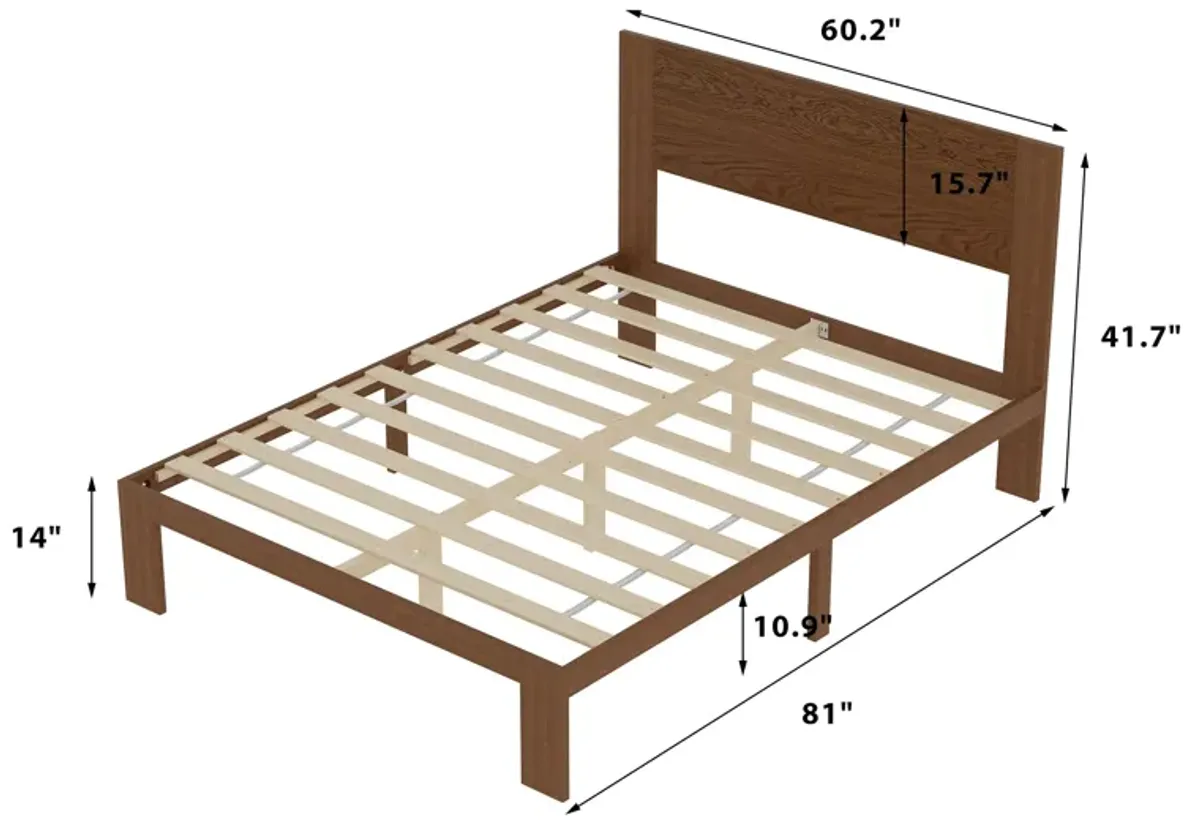 FUFU&GAGA Solid Wood Bed with Slatted Bed Base, Natural Wood Finish (60.2" W x 81" L x 41.7" H), Rubberwood & Pine Construction