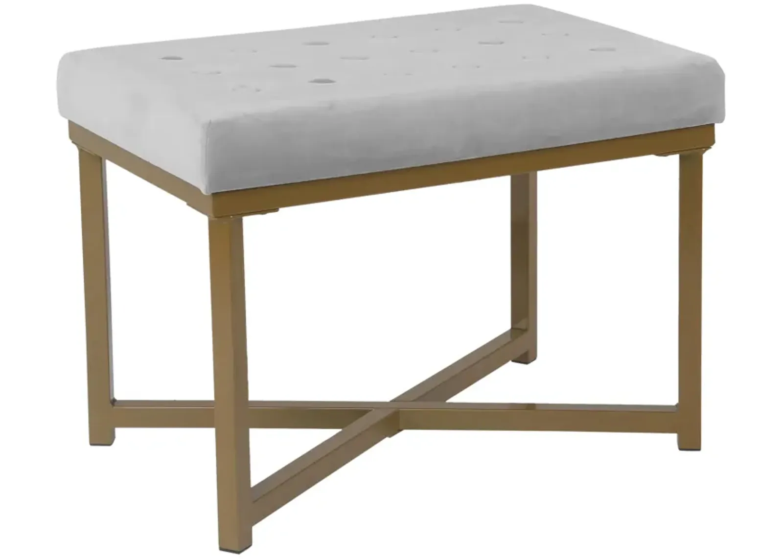 Metal Framed Ottoman with Button Tufted Velvet Upholstered Seat, Light Gray and Gold - Benzara