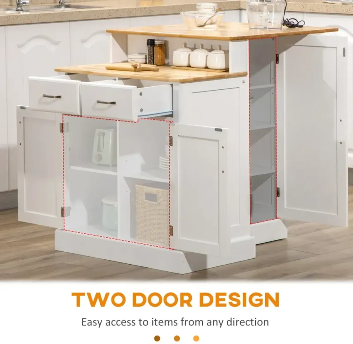 White Kitchen Island with Storage and Adjustable Shelves